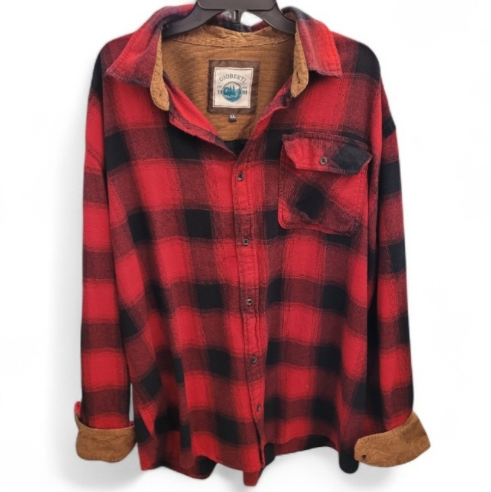 Men's 2XL GIOBERTI Brushed Flannel Plaid Checkered Shirt With Corduroy Contrast - Picture 13 of 14